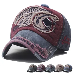 Vintage Washed Cotton Baseball Cap Distressed Shark Patch Embroidery Retro Adjustable Outdoor Streetwear Sun Hat