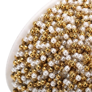 Golden bead and white pearl link chain for DIY jewelry making in stainless steel