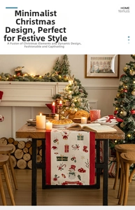 Close-up of Christmas table runner with snowman patterns on a festive wooden dinner table
