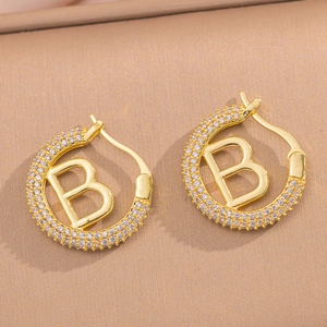 French style gold micro-pave letter B hoop earrings with sparkling crystals for women