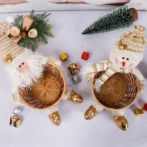 Christmas Candy Basket Santa Claus Snowman Plush Bamboo Wicker Storage Desktop Decor Holiday Gift Jar Ornament