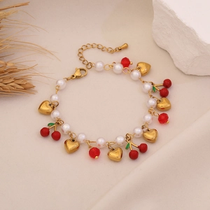 Stainless Steel Fruit Charm Bracelet With Imitation Artificial Pearl Heart Enamel Sweet Elegant Fashionable Hand Jewelry For Women