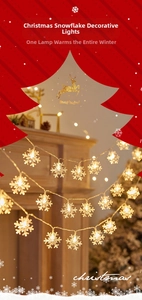 Detail of warm white LED snowflake string lights for indoor Christmas tree decoration