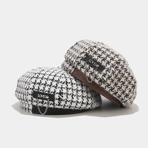 Beret Hat Women Retro Houndstooth Tweed Cotton British Style Painter Cap Metal Chain Leather Patch Autumn Winter Warm