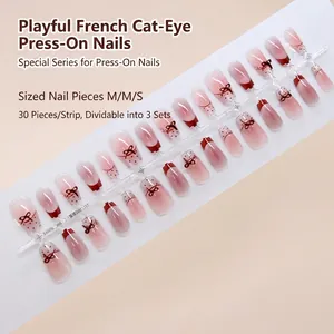Franse cat-eye press-on nagels set met roze gradiënt en strikjes decoraties