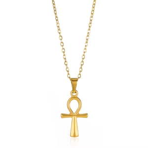 Detail of 18K gold plated stainless steel Ankh cross pendant on a fine O-chain necklace