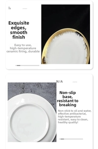 Detail of Nordic ceramic plate featuring a gold-rimmed edge and anti-slip bottom base