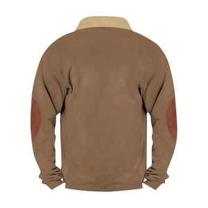 Detailed back view of tan sweatshirt featuring dark brown elbow patches and contrast collar