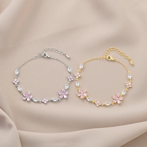 Elegant gold and silver flower bracelets with pink zircon petals and adjustable chain