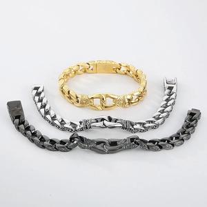 Retro engraved stainless steel Cuban chain bracelets in gold, silver and black finishes