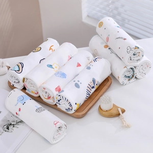 Set of 7 soft cotton gauze baby swaddle blankets with cute cartoon animal patterns