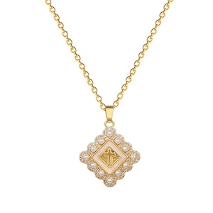 Gold titanium steel necklace with pearl cross pendant and sparkling pavé diamonds