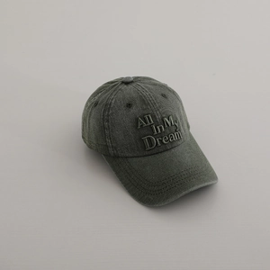 Detail of gray washed denim baseball cap with 3D All In My Dream embroidery