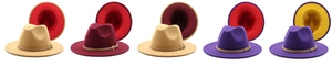 Flat lay of wide brim bicolor wool fedora hats showing inner and outer color contrast