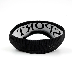 Detailed view of breathable black knitted sports visor with white interior SPORT logo