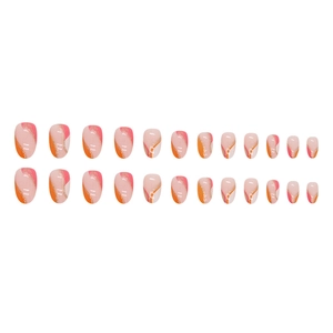 Short oval press-on nails with orange white wave patterns and gold glitter accents