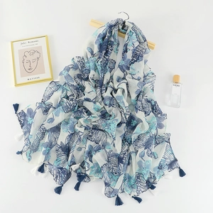 Ink butterfly print warm shawl with blue tassels and soft cotton linen texture