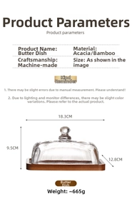 Detailed dimensions of the acacia wood butter dish with transparent glass lid cover