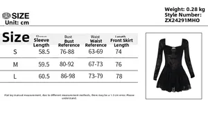 Guide des tailles pour la mini robe transparente à manches longues avec mesures en cm