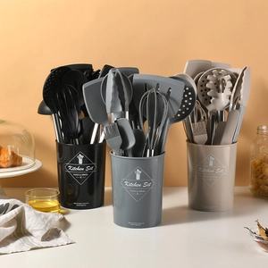 15-piece silicone kitchen utensil set with stainless steel handles in storage buckets