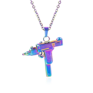 Detail of a Uzi gun pendant with iridescent rainbow plating and polished metal texture
