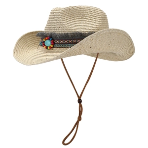 Ethnic straw sun hat with bohemian turquoise beads and adjustable wind rope