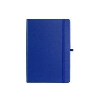 Classic navy blue hardcover notebook with elastic closure and side pen loop on white background