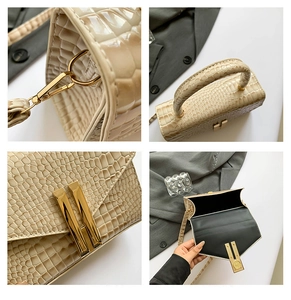 Detail shots of off-white crocodile embossed leather handbag with gold metal buckles