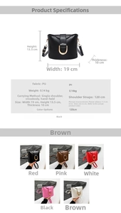 Detailed size chart for retro bucket bag with horseshoe buckle showing dimensions and PU fabric