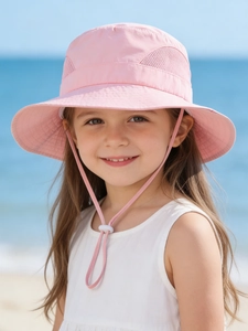 Pink kids sun hat featuring breathable mesh side panels and adjustable windproof chin strap