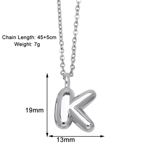 Detail view of silver letter K bubble pendant with dimensions 19x13mm and 45cm chain