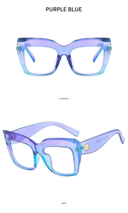 Macro view of purple blue gradient square glasses frame with gold decorative side hinges