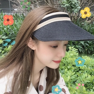 Women wide brim sun hat with navy blue and beige stripes for outdoor beach wear