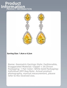 Macro view of teardrop earrings with bright yellow 3A zircons and white gold finish