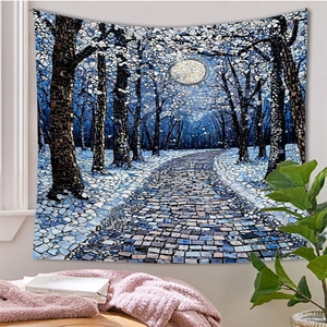 Winter forest mosaic wall tapestry with moon and snow for home bedroom decoration