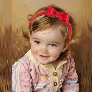 Close-up of a red grosgrain bow headband worn by a child on a warm outdoor background