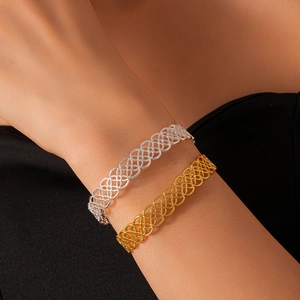Elegant geometric hollow flower open bangle in gold and silver finish for women