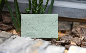 Detailed view of sage green textured paper mini envelope in a natural setting with plants