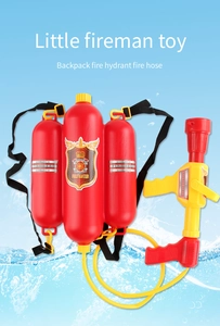 Detail of firefighter backpack water gun with large tank and adjustable straps for kids