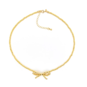 Collana di perle dorate con ciondolo a fiocco, catena regolabile e chiusura a moschettone