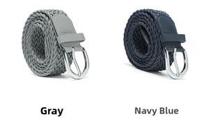 Close-up of woven braided belts in grey and navy blue with silver metal pin buckles
