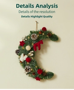 Close-up of crescent moon Christmas wreath with LED lights, felt stars, and pine cones
