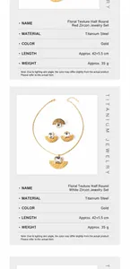 Detailed view of vintage gold plated fan-shaped jewelry set with red and white zircon