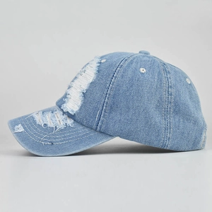 Unisex distressed light blue denim baseball cap with vintage frayed hole design style