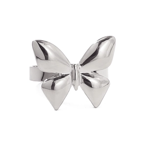 Polished silver butterfly ring with minimalist 3D design and open adjustable band