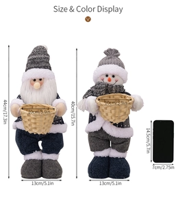Detailed size specifications for standing Santa and Snowman plush figurines in cm and inches