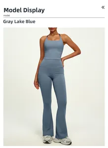 Detail view of high waist yoga set in grey lake blue showing fabric texture and flared cut