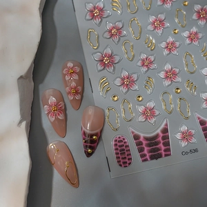Floral cherry blossom and crocodile print nail art stickers with gold embossed details