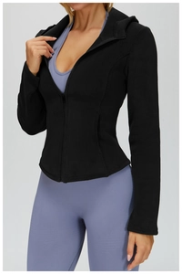 Close-up of black slim-fit zip-up hoodie with premium fleece lining for outdoor sports