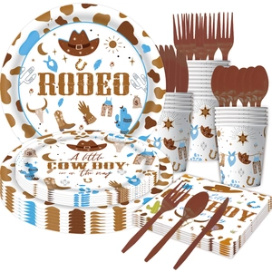 Blue brown western cowboy party supplies set with rodeo plates and napkins
